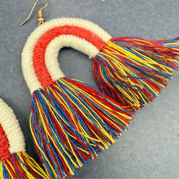 Colorful Macrame Rainbow Tassel Earrings Red Yellow Blue - Picture 6 of 12